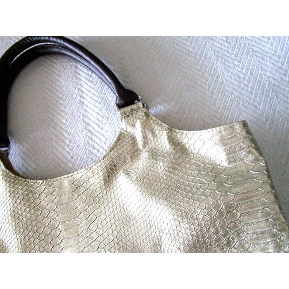 Neiman Marcus Tote-Large Shiny Gold Metallic Faux Snake Skin-Carry All Purse Bag - Picture 9 of 16